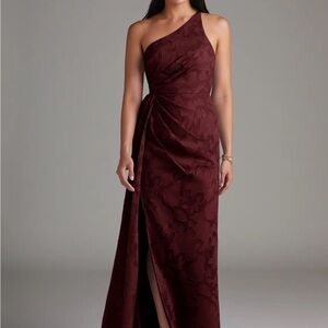 Azazie Mika Cabernet Floral Burnout One-Shoulder Lace Dress